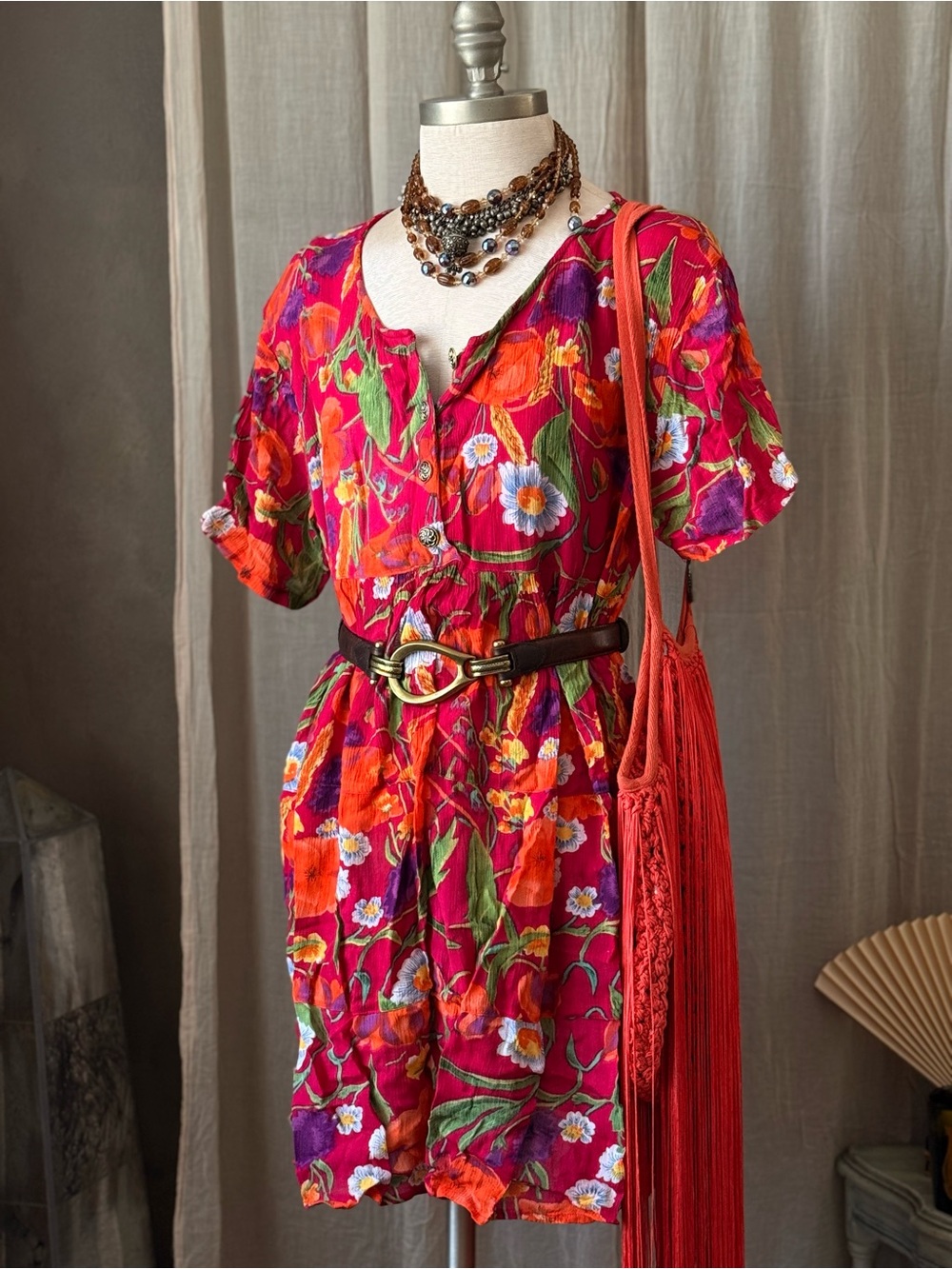 True vintage 90s Jane Ashley multi-colored floral print flared dress boho chic